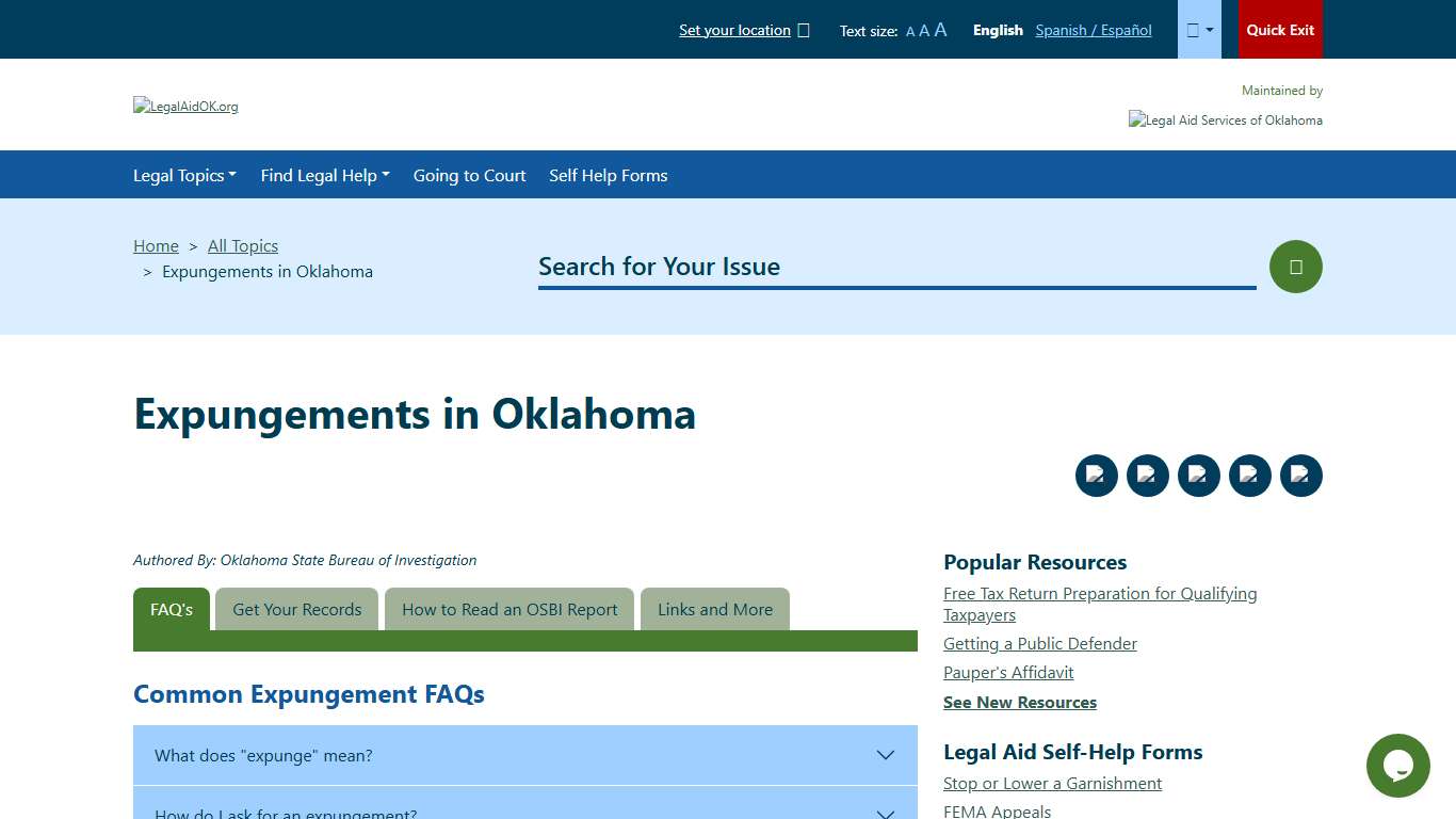 Expungements in Oklahoma Welcome to Legal Aid Services of Oklahoma's guide to free legal help in Oklahoma.